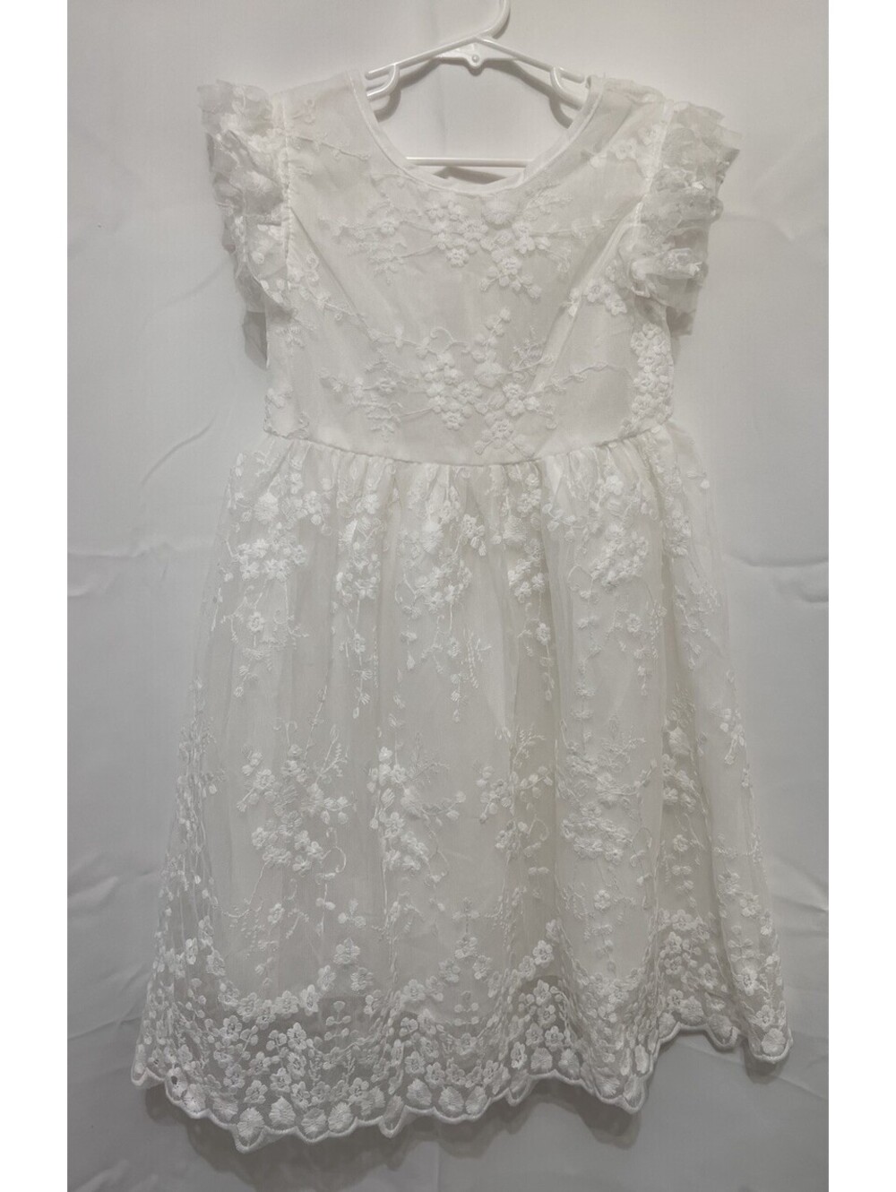 NNJXD Girls White Floral Lace Special Occasion Dress Ruffle Sleeves Bow Back New